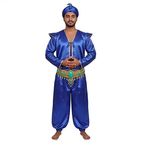 Fato de cosplay de príncipe árabe para homens, com mangas curtas, detalhes metálicos e colete de cetim, acompanhado de calças curtas, ideal para o Halloween, carnaval ou como fantasia medieval.