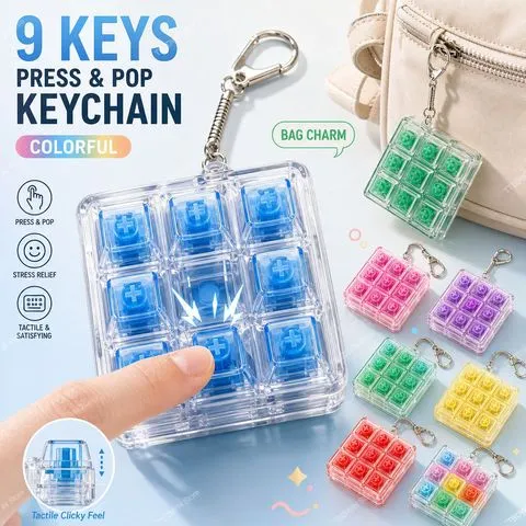 Chaveiro Clicker de 2/4/9 Teclas, Teclado Mecânico Transparente, Chaveiro de Dedo para Descompressão, Pingente para Pendurar, Presente para Professor(a) Escolar