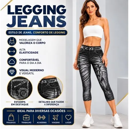 Calça Legging Fake Jeans Estampa Imita Jeans Pronta Entrega Tamanho Único VESTE ATÉ 40/42