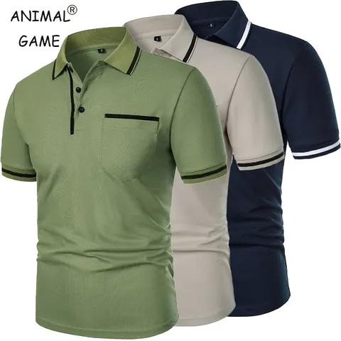 Novos camisas polo de manga curta masculina cor sólida casual camiseta verão na moda respirável solto básico splice bolsos superiores camisas masculinas