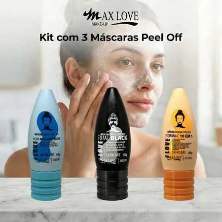 Kit com 3 Máscaras Peel Off - Ácido Hialurônico, Total Black, Vitamina C 10em1 Max Love