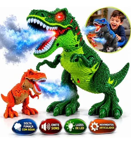 Brinquedo Dinossauro T Rex Solta Fumaça com Rugido Som e Luz Boneco Tiranossauro Rex
