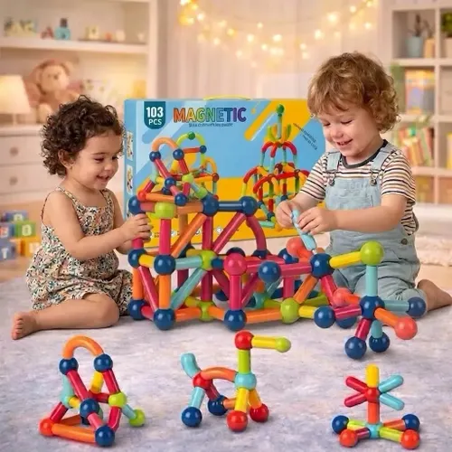 Blocos de Montar Magnéticos Bastões Montessori 103 Peças Brinquedo Infantil de Construção com Peças e Formas Criativas Stem, Educativo