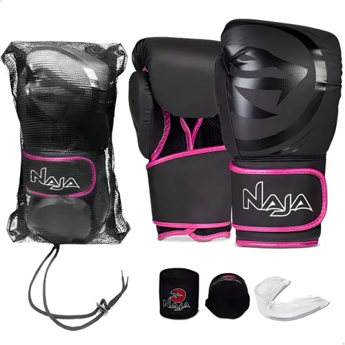 Kit Boxe Muay Thai Naja Black Line - Luva + Bucal + Bandagem Cor Rosa Tamanho 10oz