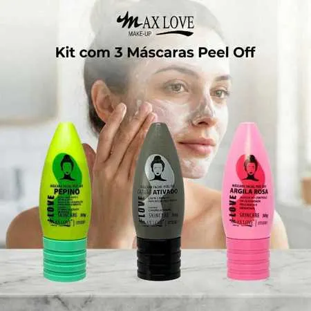 Kit com 3 Máscaras Peel Off - Pepino, Carvão Ativado, Argila Rosa Max Love