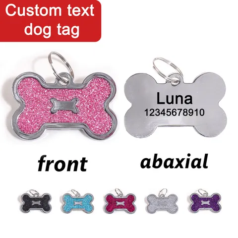 Etiqueta de Identificação para Cães em Formato de Osso com Texto Personalizado, Glitter, Nome Personalizado, Gravação a Laser, Pingente com Número de Endereço, Etiquetas Personalizadas para Cães