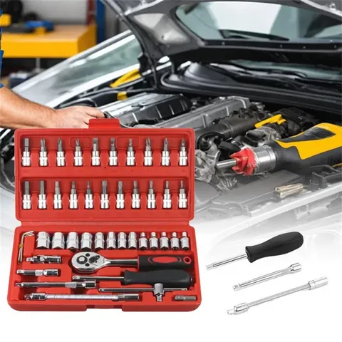 Kit de Ferramentas para Reparação de Carros com 46 Peças, Chave de Torque, Chave de Fenda, Conjunto de Soquetes, Kit de Ferramentas Combinadas para Reparação de Bicicletas e Automóveis
