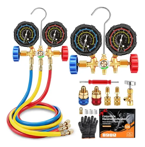 Kit de Manifold Ar Condicionado Refrigeração GOZBING com Manômetro Simulado de Três Vias para R134a/R22, R404a e R410a, Inclui Uma Mangueira de 90 Cm e Válvula Metálica, Precisão de Pressão de 1,6%