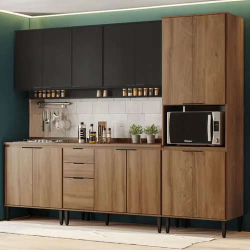 Armário de Cozinha Completa Miami Lift Preto Touch com Freijó
