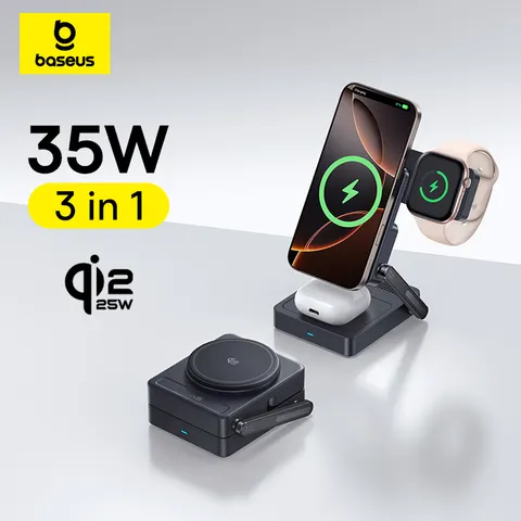 Carregador sem Fio Magnético Baseus 3 em 1 Qi2.2 25W Carregamento Rápido para iPhone 17 16 15 14 Apple Watch Fones de Ouvido AirPods Pro iWatch