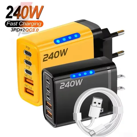 Carregador de mesa 240W 5 em 1 USB C GaN com carregamento rápido, adaptador para celular, cabo Tipo C de 10A para iPhone, Samsung, Xiaomi, com plugue EU/US/UK.