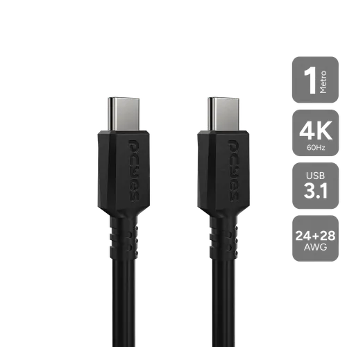 Cabo PCYES USB-C 3.1 100W 4K 60Hz Preto 1 Metro PUCP1P