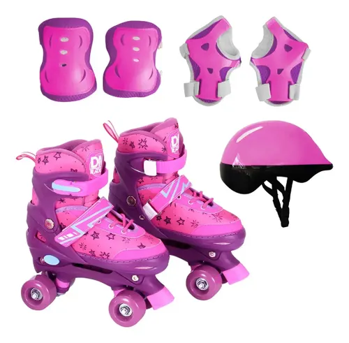 Patins 4 Rodas DM Toys Radical Ajustável para Meninas Rosa M (34 – 37) com Proteção