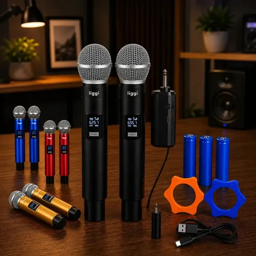 Kit 2 Microfones sem Fio LIGGI Recarregáveis UHF com Led para Karaokê e Palestras