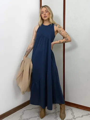 Vestido Longo Feminino Soltinho Malha Algodão Aveloz Azul Marinho