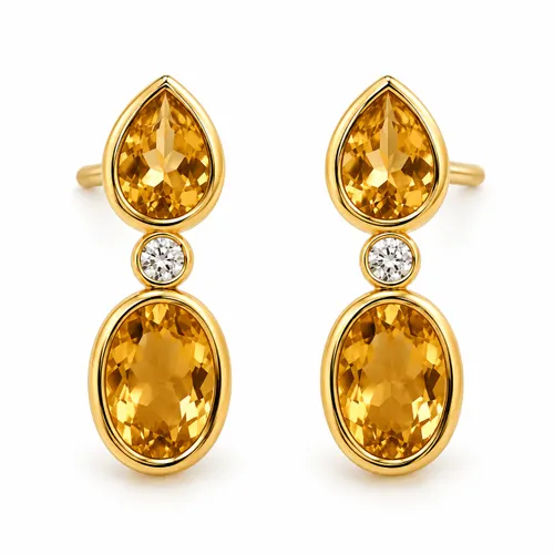 Brinco Pêndulo Gota e Oval com Citrino 34 mm em Prata de Lei Banhado a Ouro
