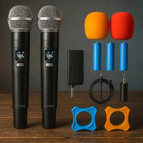 Kit 2 Microfones sem Fio Dinâmico Recarregável Profissional Uhf Led Karaokê Palestras Shows Igrejas Apresentações Cancelamento de Ruído Anti-larsen Cardioide 14h Bateria para Palco Reuniões Micgeek