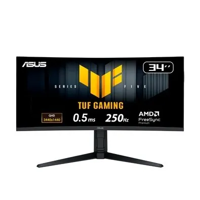 Monitor Gamer Curvo ASUS TUF 34", WQHD, 250Hz, 0.5ms, Fast VA, FreeSync Premium, Altura Ajustável, Som Integrado, Preto - VG34WQML5A