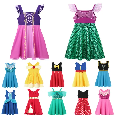 Vestido casual infantil para meninas, vestido sereia rapunzel, um ombro, manga curta, fantasia de princesa, verão, colete casual
