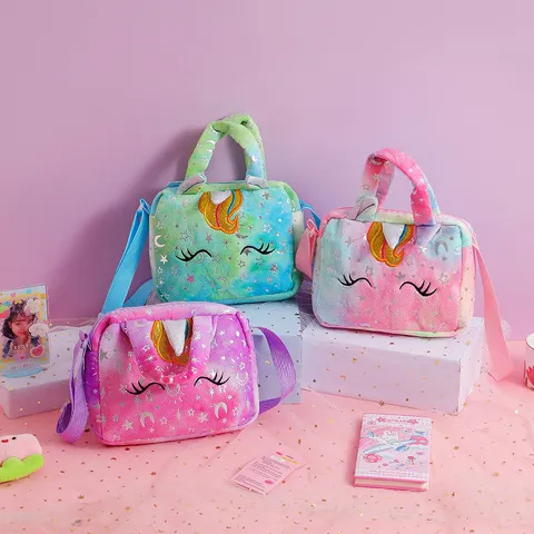 Bolsa de moda para coisas de bebê, bolsa de ombro de pelúcia com corante de unicórnio, bolsa de armazenamento de ombro fofa, bolsa crossbody feminina colorida