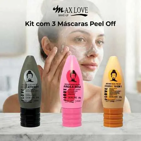 Kit com 3 Máscaras Peel Off - Carvão Ativado, Vitamina C 10em1, Argila Rosa Max Love