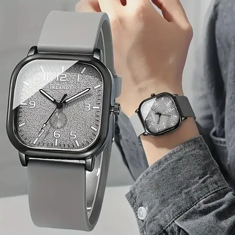 Relógio feminino Fashion Square, com pulseira de silicone, movimento de quartzo, ideal para uso casual e desportivo, para homens, mulheres e estudantes (sem caixa).