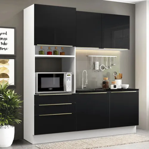 Armário de Cozinha Compacta 180 x 60 cm Branco/Preto Lux Madesa 01