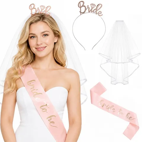 Conjunto de 3 peças de acessórios para festa de noiva: faixa de noiva com tiara e véu para despedida de solteira, itens para chá de panela e decorações de casamento