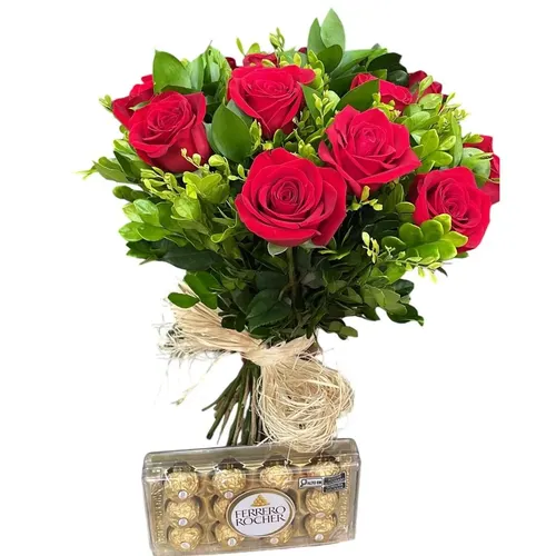 Buquê com 20 rosas vermelhas e murta