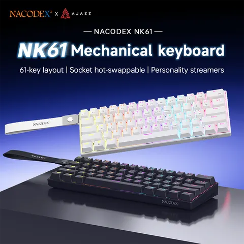 Teclado mecânico para jogos AJAZZ NK61, com fio, permite a substituição rápida de teclas, ideal tanto para trabalho de escritório quanto para jogos.
