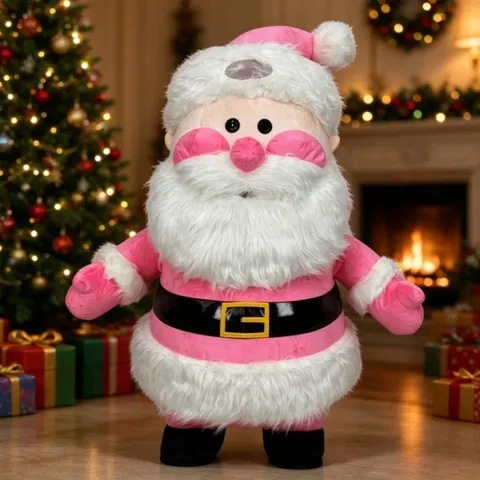 Fantasia de Mascote Inflável de Papai Noel Rosa, Traje de Pelúcia de Corpo Inteiro para Adultos, Cosplay de Natal para Festas e Eventos