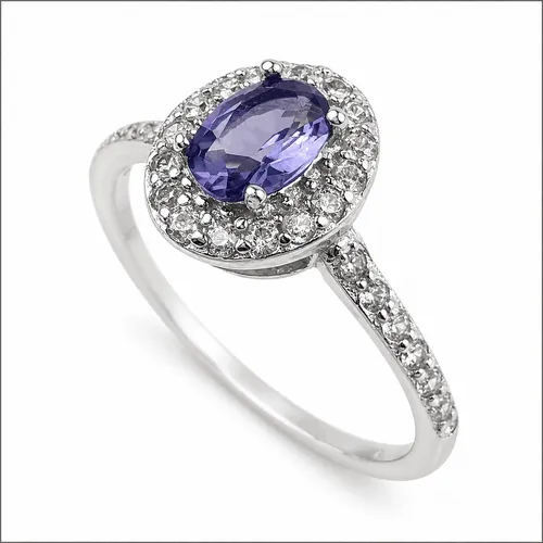 Anel 6 mm Prata Oval Ametista com Zircônias Laterais
