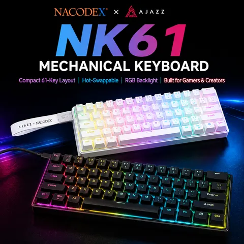 Teclado Mecânico com Fio AJAZZ NK61, 61 Teclas, Compacto 60%, Hot Swappable, Switch Vermelho, Retroiluminado RGB, Portátil para Jogos e Laptops