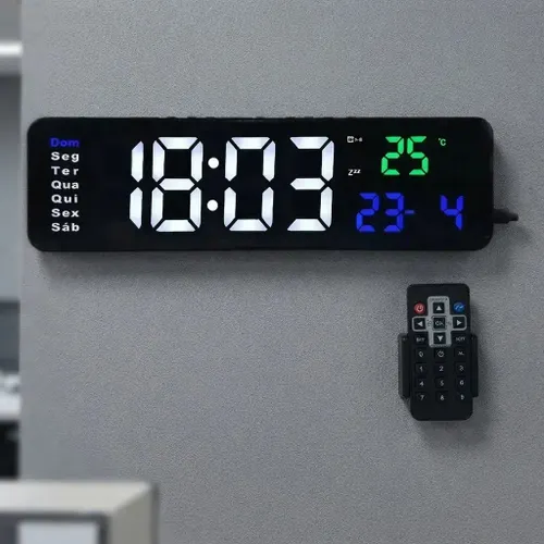 Relógio Cronômetro Parede C/ Controle Mesa LED Digital 32x9cm Academia Hospital Igreja Comércio Recepção Calendário Termômetro Data Hora 12/24h Temperatura Dia Mês Semana Memória Bivolt 110/220 USB C
