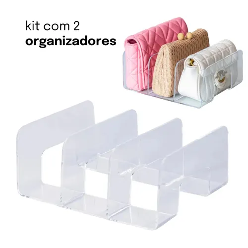 Kit 2 Organizadores Multi Suporte de Livros Cadernos Organizador de Bolsas Clutch Carteira Porta Sapatos 4 Divisórias Dimensão 24,5x20x10cm Versátil Espaço Otimizado Acrílico Resistente