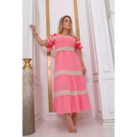 Vestido  Elegante Longo 3 Marias Listrado com Cinto y Forro Feito em Tecido Duna Leve e Soltinho Evangélico Clássico