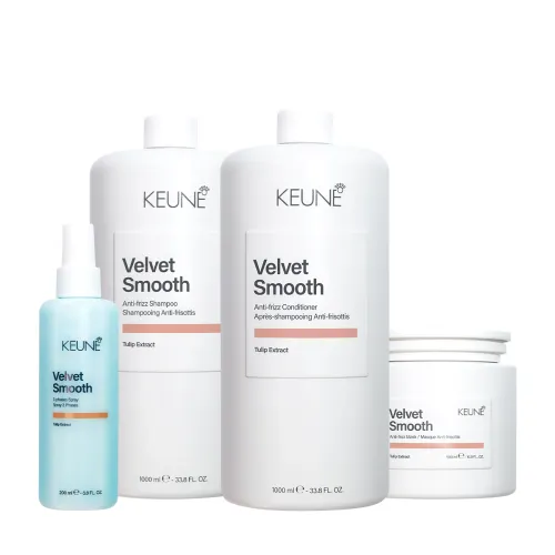 Kit Keune Velvet Smooth Controle de Frizz Shampoo 1L Condicionador 1L Máscara 500ml Spray 45ml