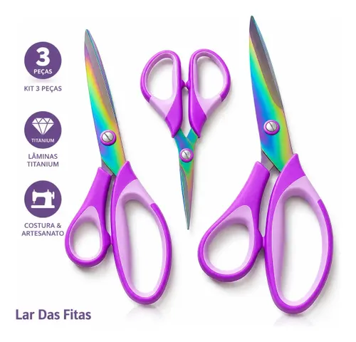 Kit Tesoura Titanium Profissional Lar das Fitas com 3 Tamanhos para Costura Artesanato e Patchwork