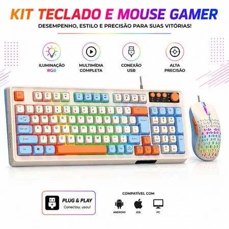 Kit Teclado e Mouse com Fio LED Gamer Lehmox Ergonômico USB ABNT2