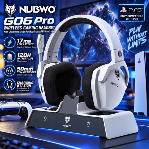 NUBWO G06 Fone de Ouvido Gamer sem Fio com Base de Carregamento para Fone e Controle PS5, Headphone para Jogos Longa Duração da Bateria