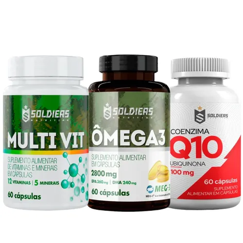 Kit: Coenzima Q10 100mg + Ômega 3 - 60 Caps - 2800mg + Multivitamínico 60 Cap - Soldiers Nutrition