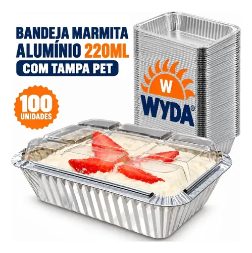 Bandeja Retangular de Alumínio 220 mL Wyda com Tampa PET Transparente – Pack 100 Unidades