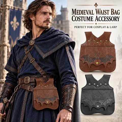 Bolsa de cintura de couro sintético com tema medieval para o Halloween, com padrão de morcego, ideal para cintos, cosplay e como acessório de fantasia para LARP.