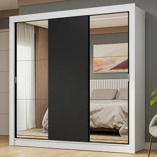 Guarda-Roupa Casal 3 Portas de Correr com Espelhos Branco/Preto Nobre Madesa