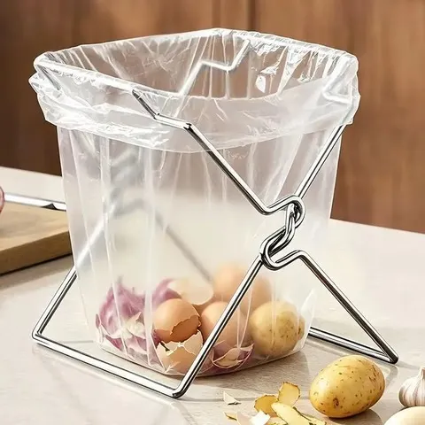 Suporte dobrável para sacos de lixo em aço inoxidável, suporte para sacos de lixo para bancada de cozinha, organizador portátil para armazenamento.