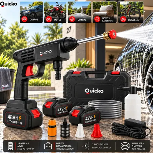 Lavadora de Alta Pressão Vap Portátil sem Fio Bateria Lava Jato Elétrica Recarregável P/ Lavar Carro Moto Quintal C/ 2 Baterias Quicko Bico Mangueira Dispenser de Sabão Lavadora Alta Pressao Portátil
