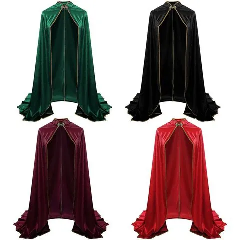 Capa de veludo medieval para adultos, com detalhes dourados, gola alta, ideal para cosplay de bruxa ou feiticeiro renascentista, para festas de carnaval e fantasias de Halloween.