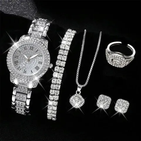 Conjunto de joias de luxo com strass para mulheres, 6 peças, relógio de quartzo, acessórios elegantes para relógio de pulso feminino, presente, relógio feminino (sem caixa)
