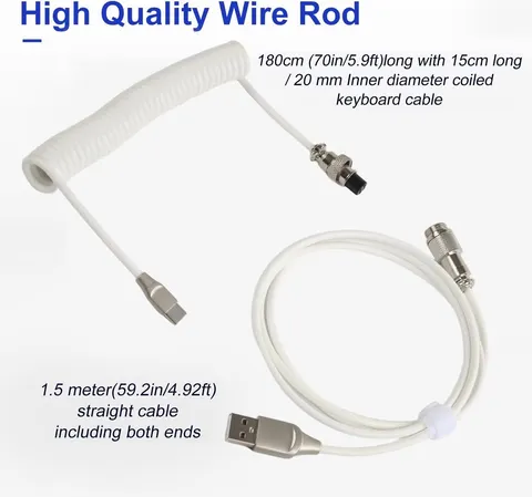Cabo USB Tipo C em Espiral para Teclado Mecânico, Cabo de Conector de Aviação de 3M para Computador de Mesa
