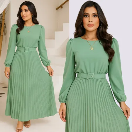 Vestido Evangélico Forrado Manga Longa Plissado com Cinto Duna